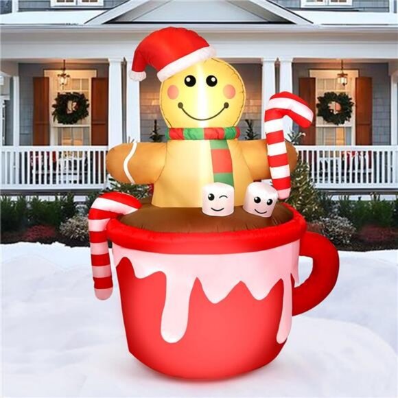5FT Christmas Inflatable Outdoor Decoration, Gingerbread Man in Coffee Mug Blow - Picture 7 of 8